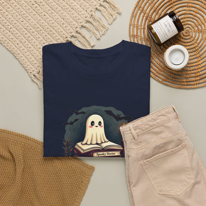 Ghost Reader T-Shirt — Cute Ghost on Stacked Books Halloween Tee