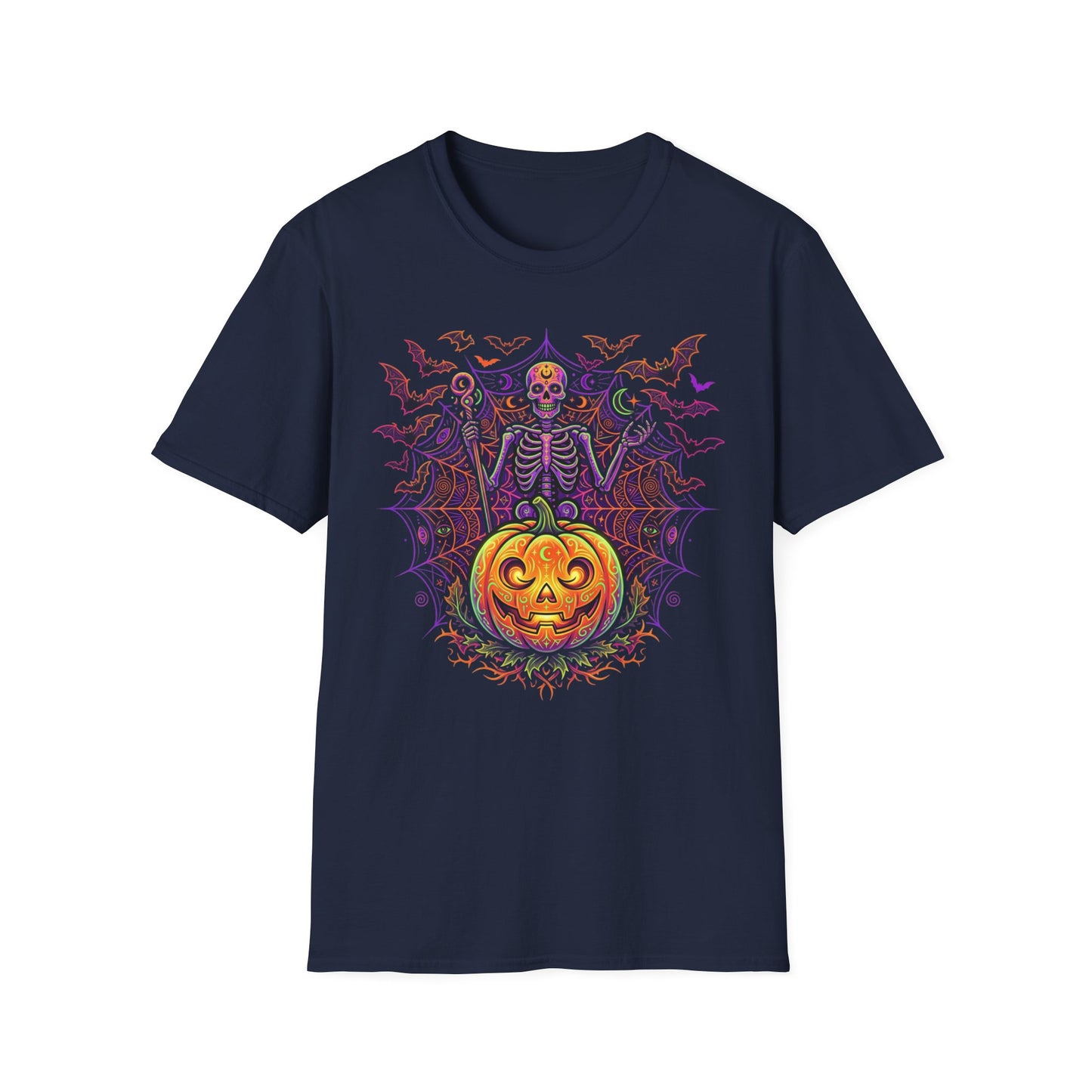 Skeleton Sorcerer Halloween T-Shirt — Jack-O'-Lantern & Bats Spooky Tee