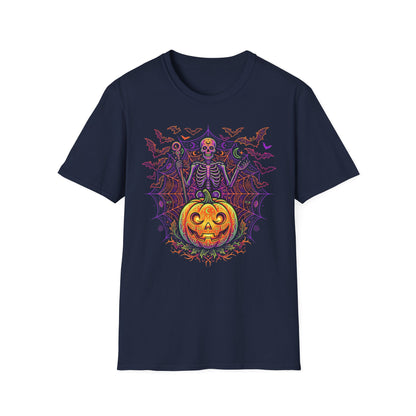 Skeleton Sorcerer Halloween T-Shirt — Jack-O'-Lantern & Bats Spooky Tee