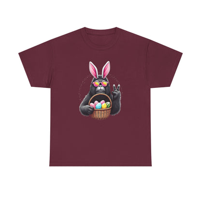 Easter Sasquatch Peace Sign T-Shirt — Cool Black Bunny with Egg Basket