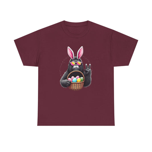 Easter Sasquatch Peace Sign T-Shirt — Cool Black Bunny with Egg Basket