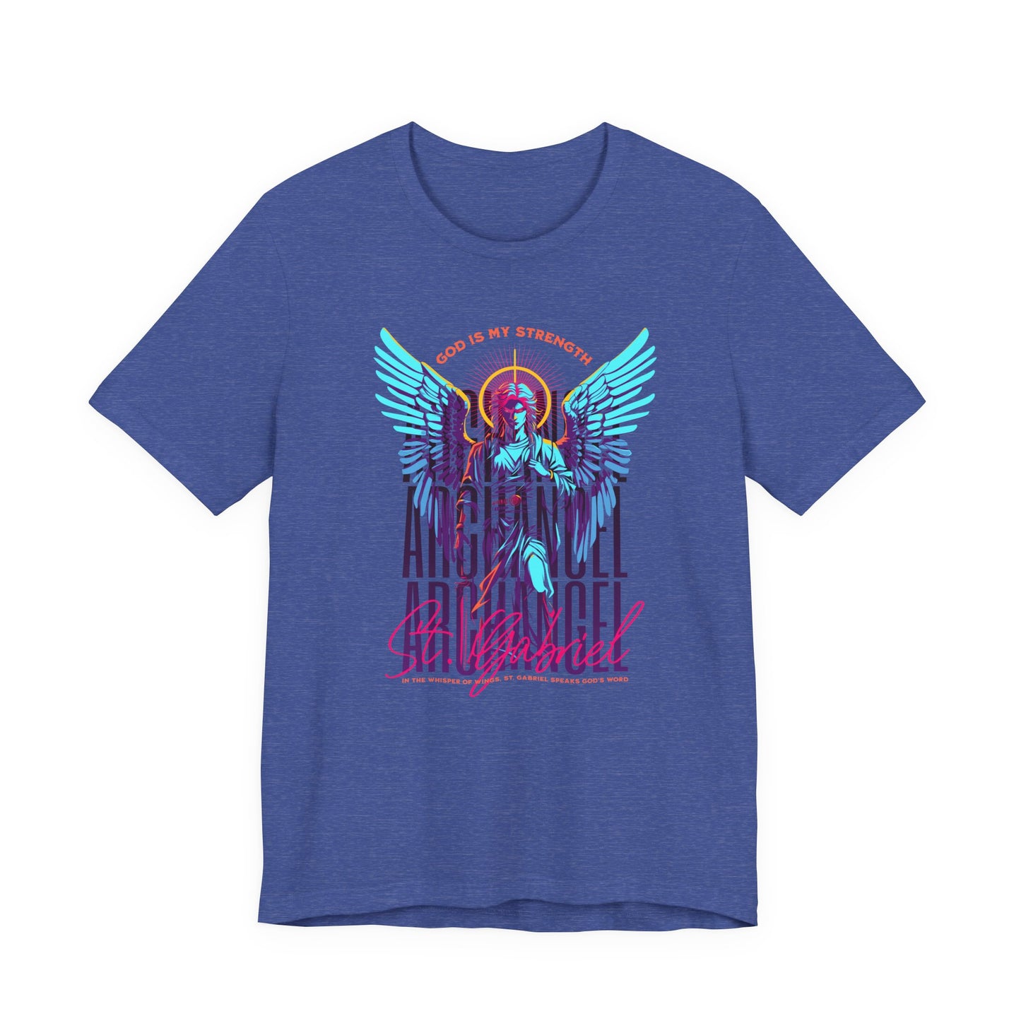 St. Gabriel Angel Tee — "God Is My Strength" Neon Graphic T-Shirt
