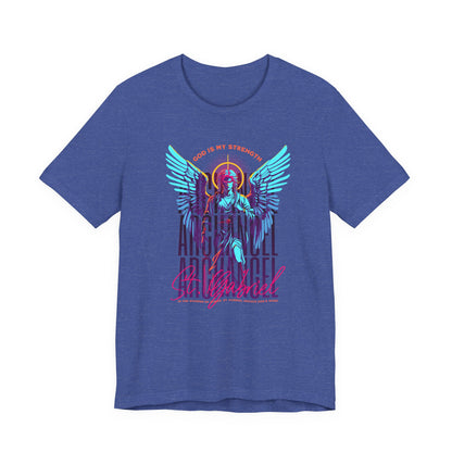 St. Gabriel Angel Tee — "God Is My Strength" Neon Graphic T-Shirt
