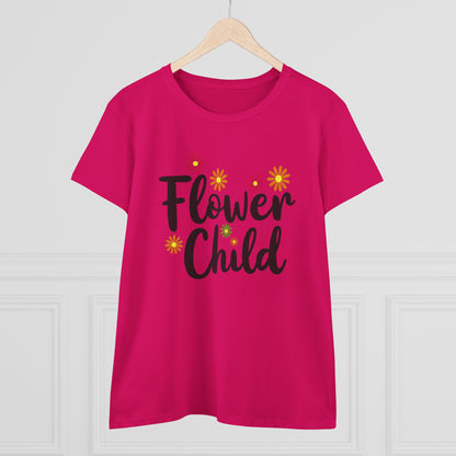 Flower Child Women's Midweight Cotton Tee - Boho Vintage Style Shirt for Everyday Wear - Psychonaut Swag