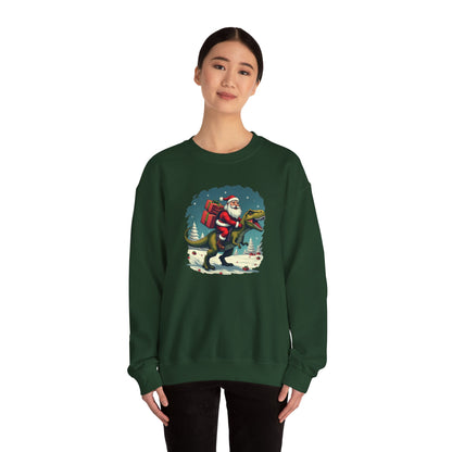Santa Dashing through on a Dinosaur Sweatshirt — Santa Riding T-Rex Holiday Crewneck