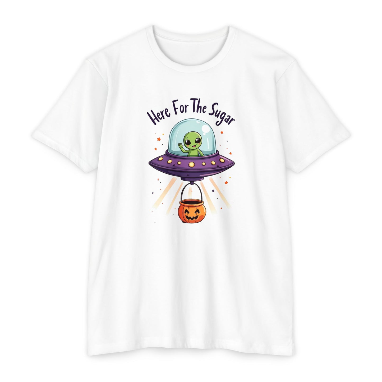 Halloween Alien T-Shirt — "Here For The Sugar" Cute UFO Trick-or-Treat Tee