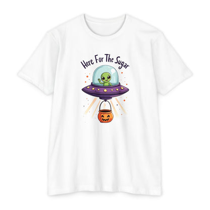 Halloween Alien T-Shirt — "Here For The Sugar" Cute UFO Trick-or-Treat Tee