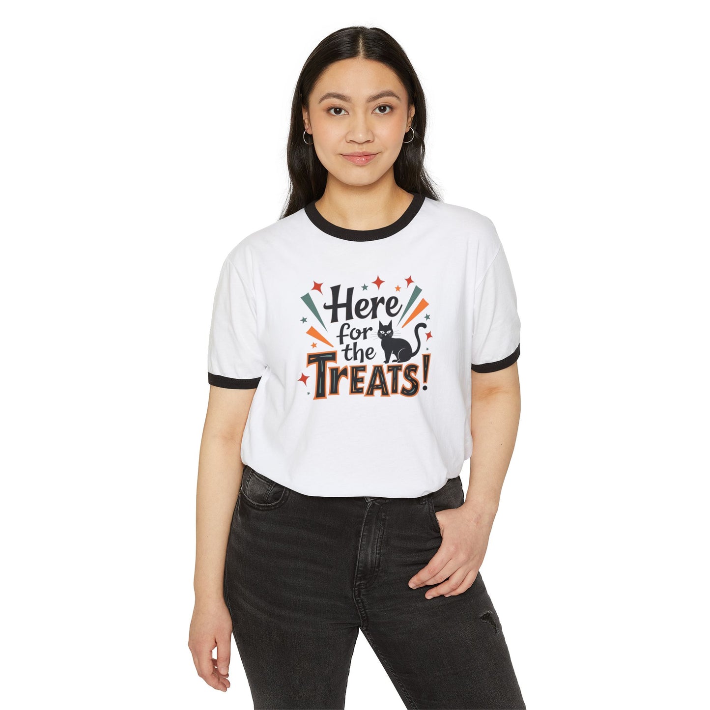 Here for the Treats! Halloween Cat Ringer T-Shirt
