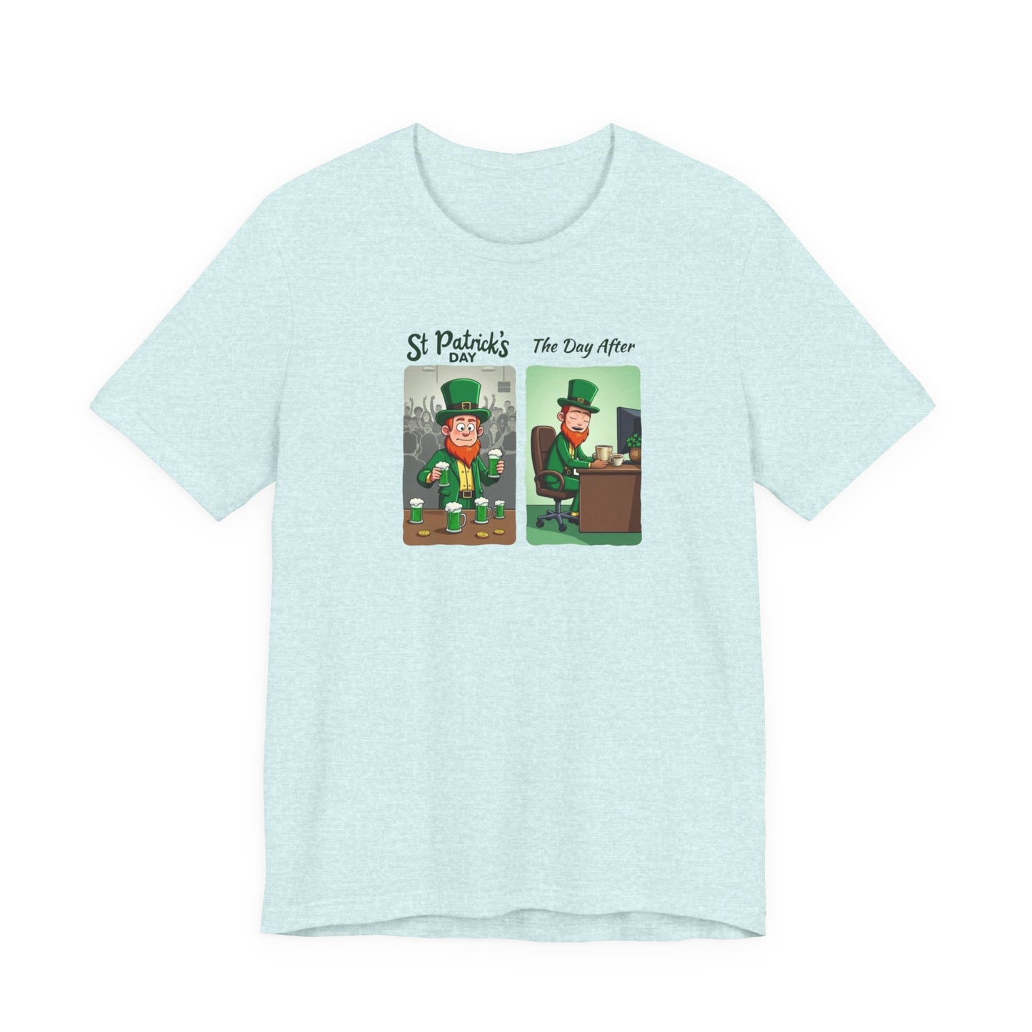 St. Patrick's Day Leprechaun Funny Cartoon T-Shirt — "St. Patrick's Day / The Day After" Tee