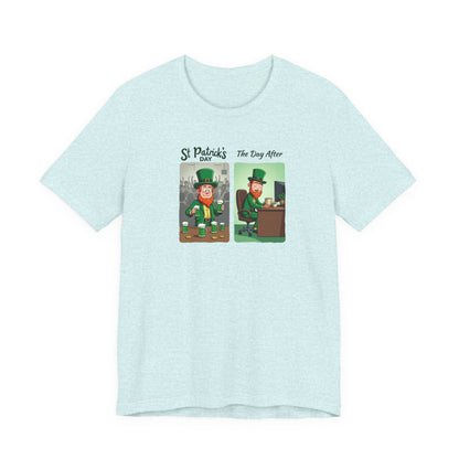 St. Patrick's Day Leprechaun Funny Cartoon T-Shirt — "St. Patrick's Day / The Day After" Tee