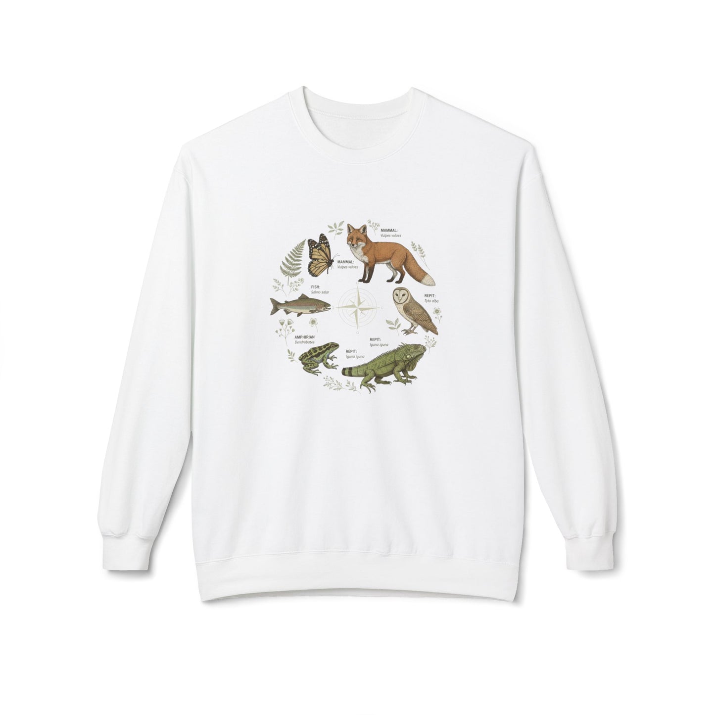 Wildlife Circle Crewneck Sweatshirt — Forest Fox, Owl & Frog Nature Illustration