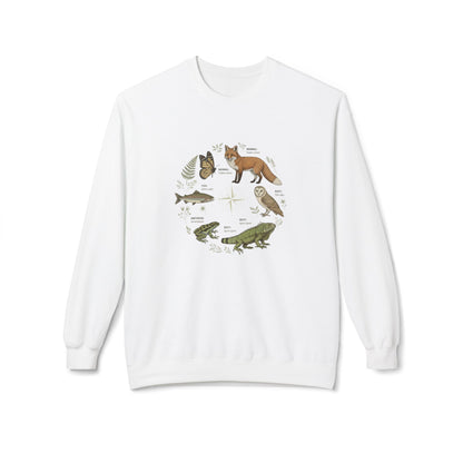 Wildlife Circle Crewneck Sweatshirt — Forest Fox, Owl & Frog Nature Illustration
