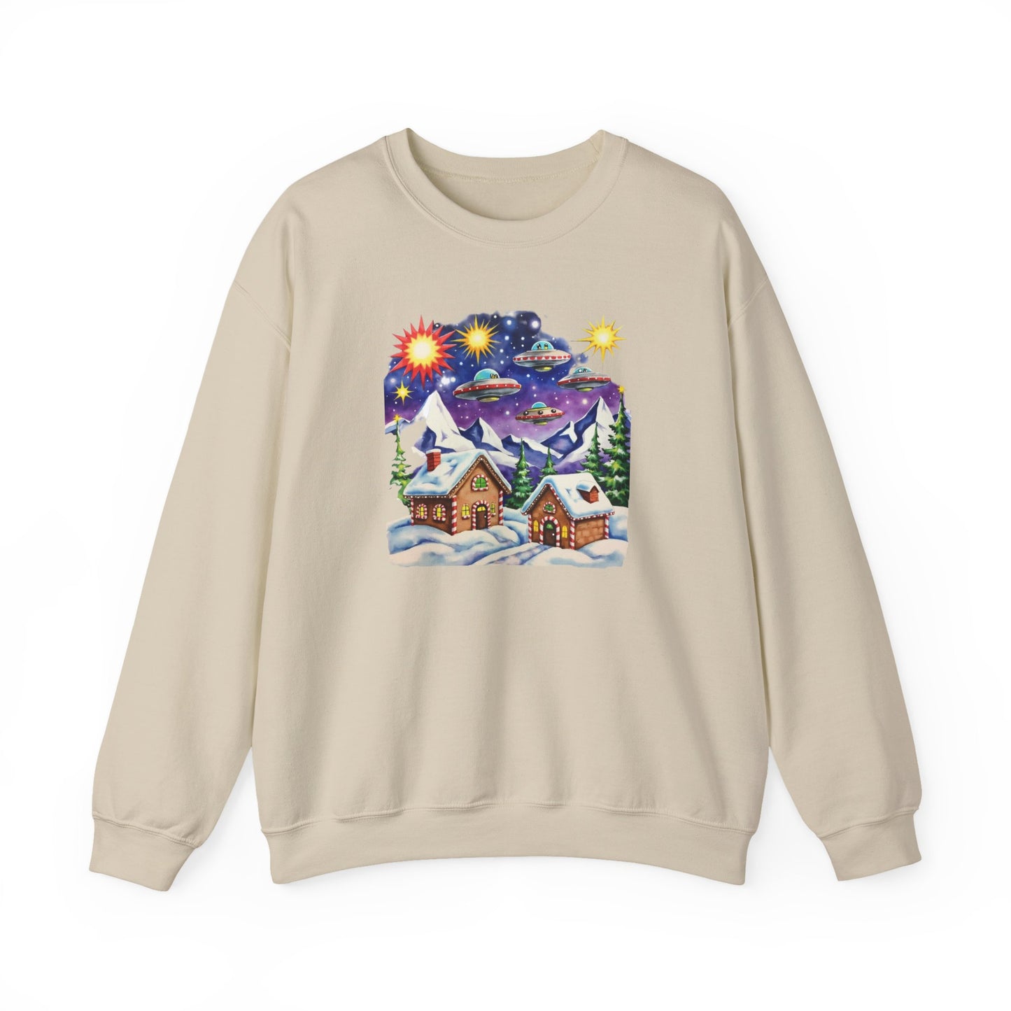 Crewneck Sweatshirt — Cozy Winter Cabin with UFO Nightscape