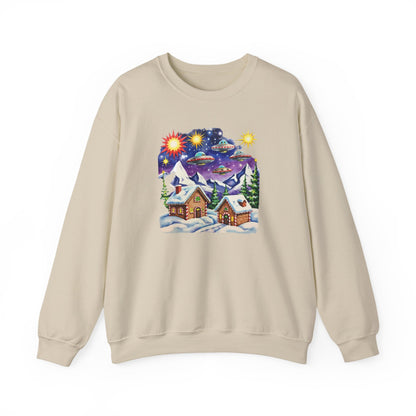 Crewneck Sweatshirt — Cozy Winter Cabin with UFO Nightscape