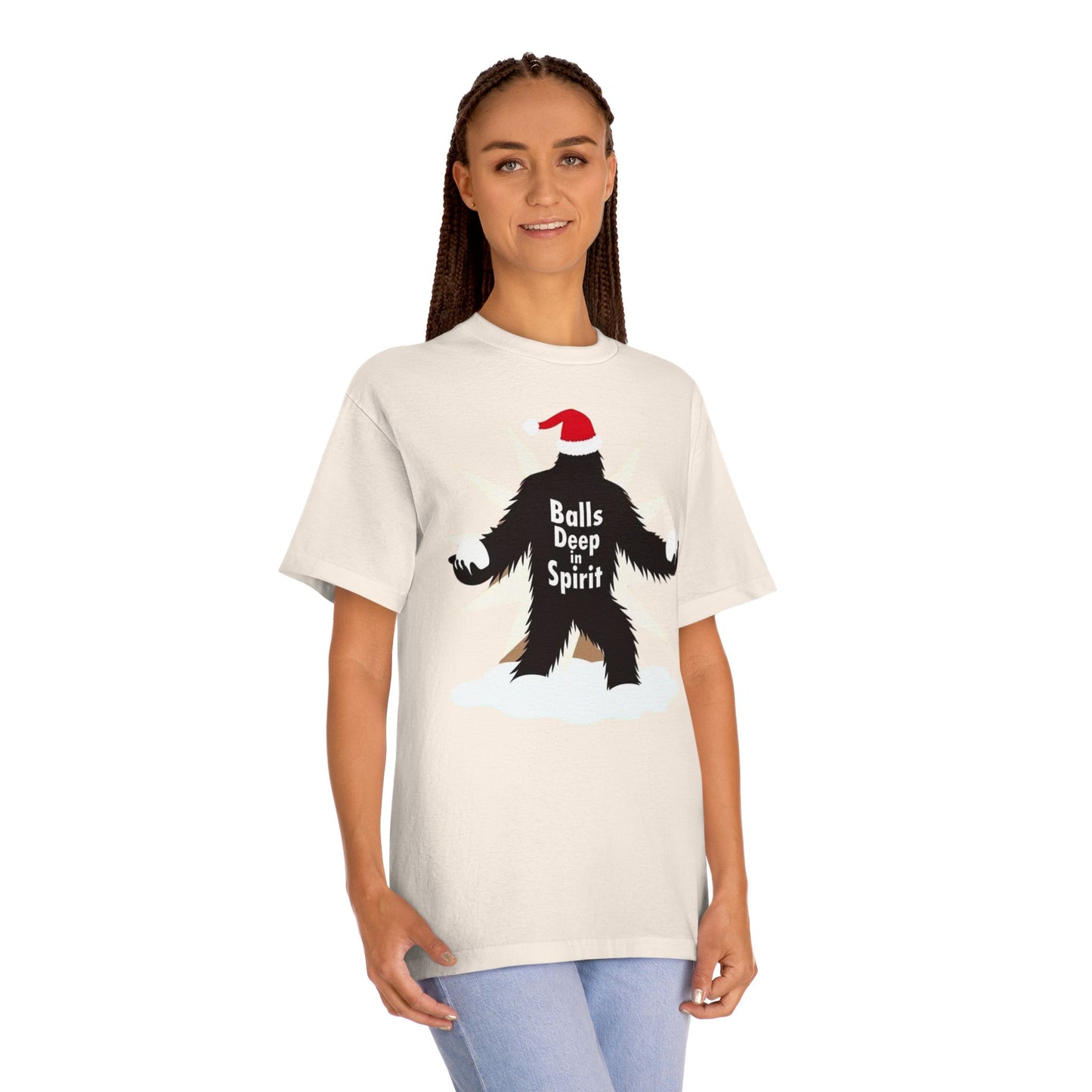 Bigfoot Holiday Tee — "Balls Deep Spirit" Funny Christmas Sasquatch T-Shirt