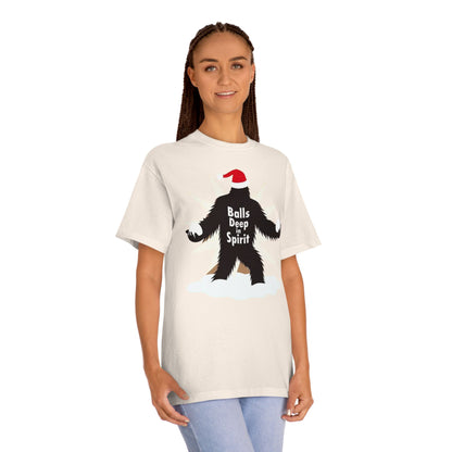 Bigfoot Holiday Tee — "Balls Deep Spirit" Funny Christmas Sasquatch T-Shirt