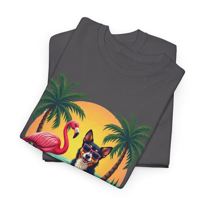 Dog Beach Sunset T-Shirt — Tropical Flamingo Palm Tee