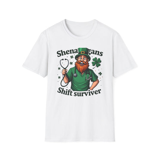 St. Patrick's Day T-Shirt — "Shenanigans Shift Survivor" Leprechaun Work Tee