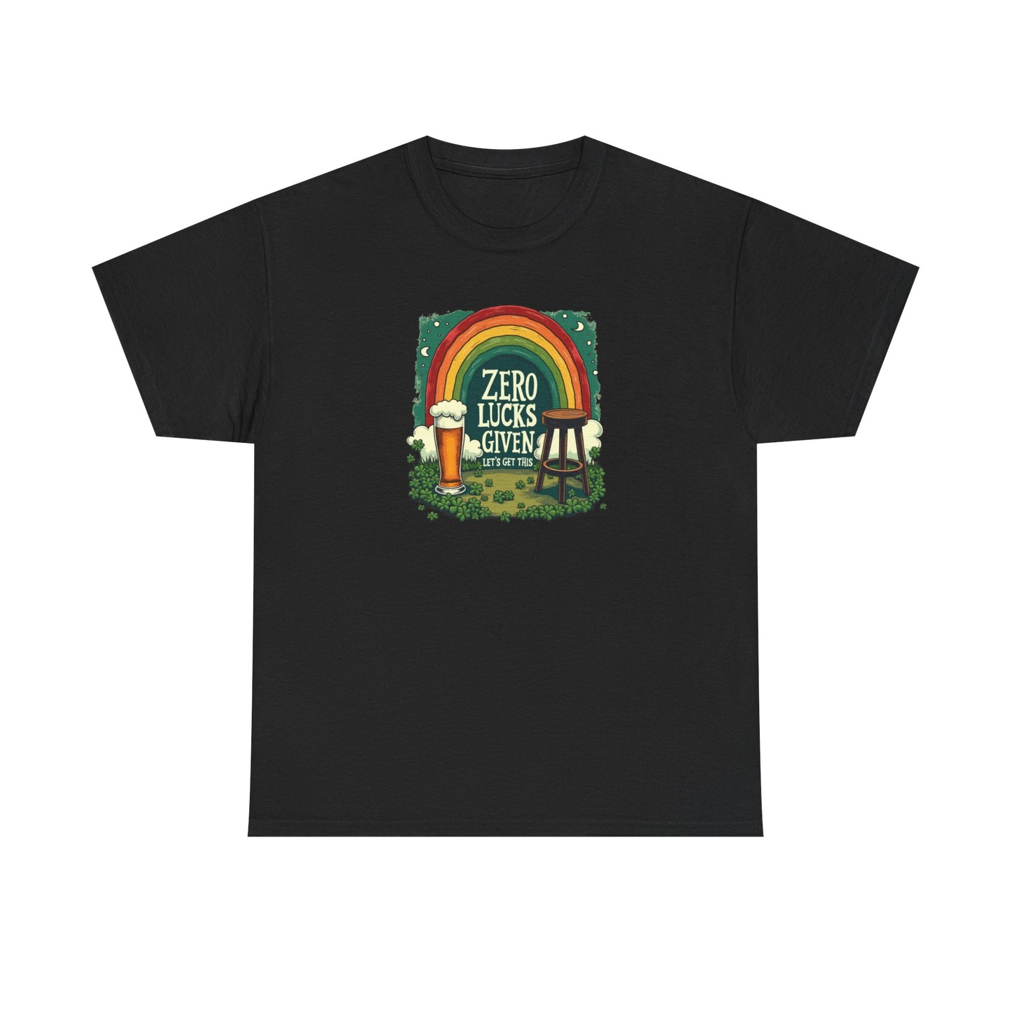 St. Patrick’s Day Tee — "Zero Lucks Given" Rainbow & Beer Graphic T-Shirt