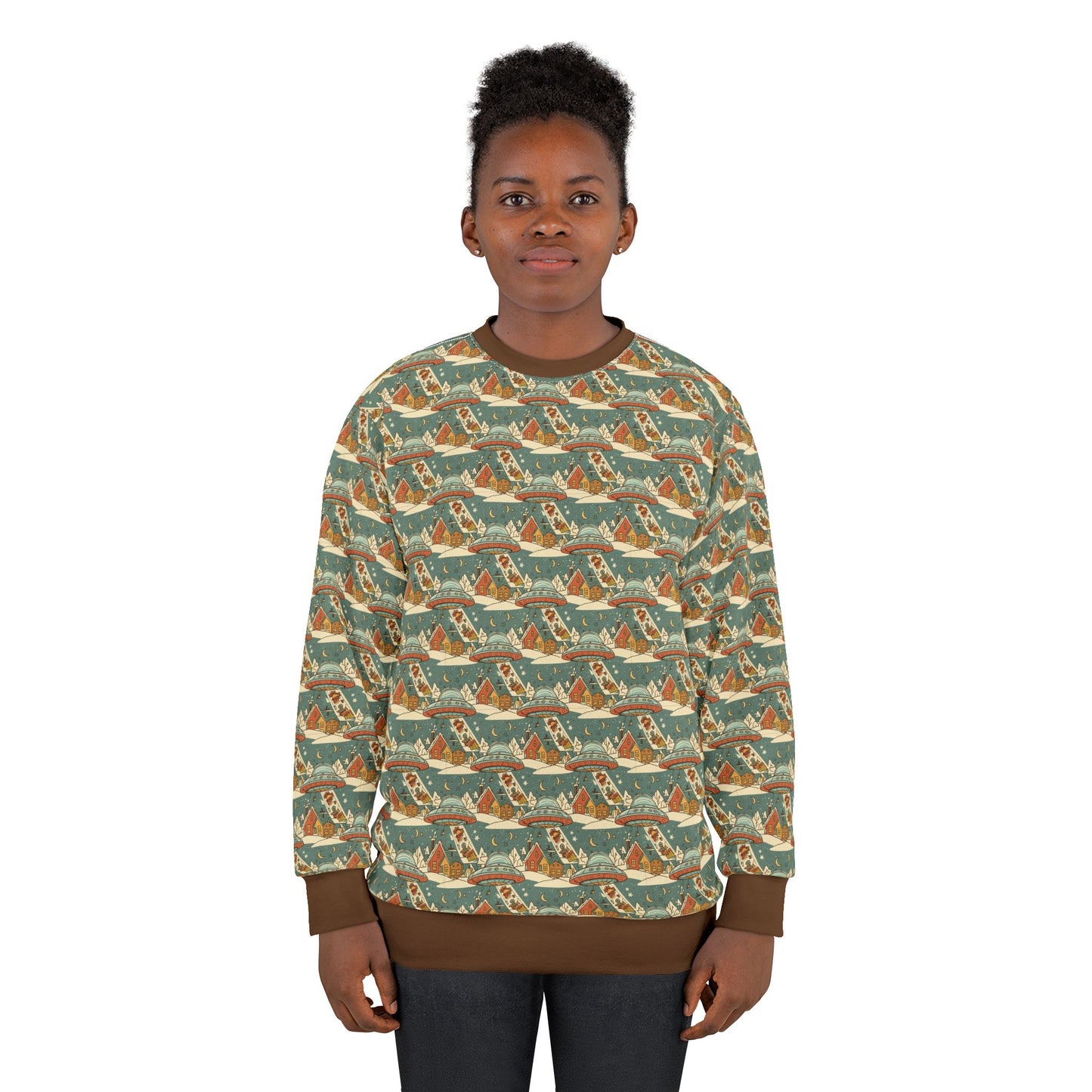 Mothership delivering gifts,  All-Over-Print Sweatshirt — Orange Coastal Vintage Pattern