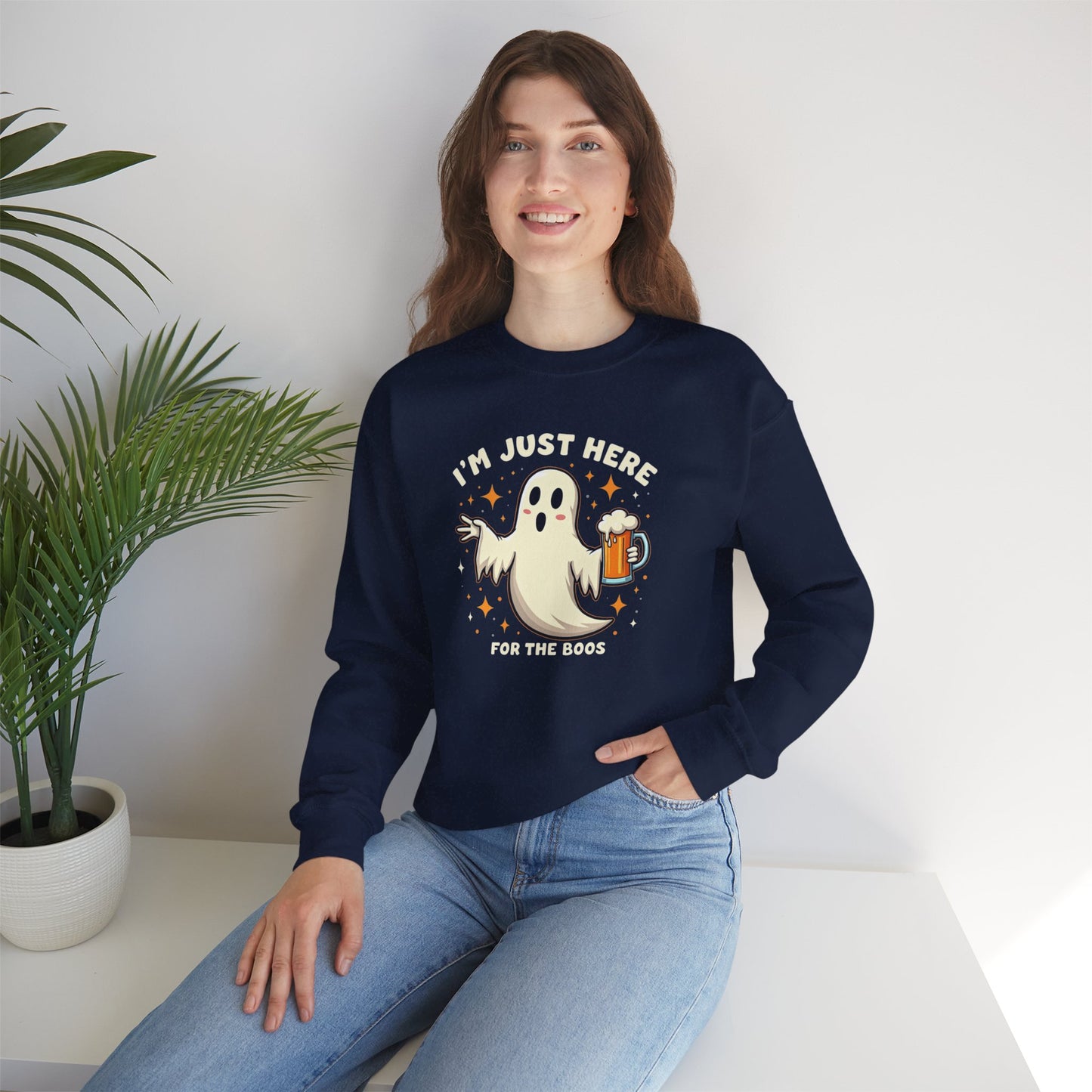 Halloween Ghost Sweatshirt — "I'm Just Here for the Boos" Cozy Crewneck