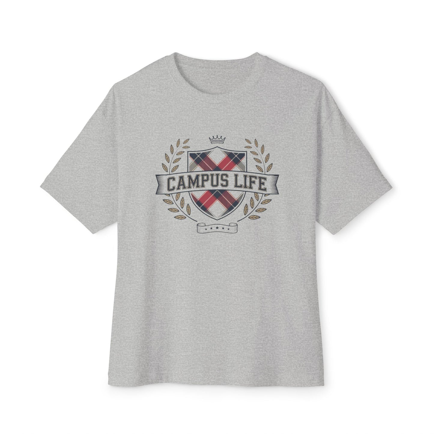 Campus Life Plaid Crest Tee — Oversized Boxy College T-Shirt