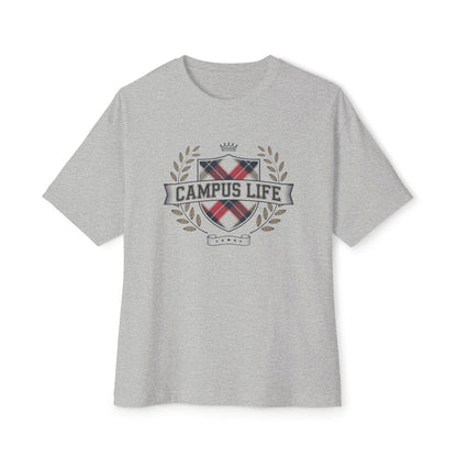 Campus Life Plaid Crest Tee — Oversized Boxy College T-Shirt