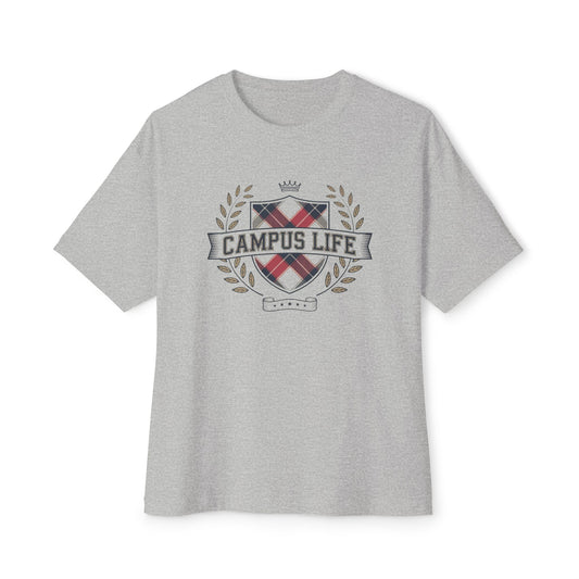 Campus Life Plaid Crest Tee — Oversized Boxy College T-Shirt