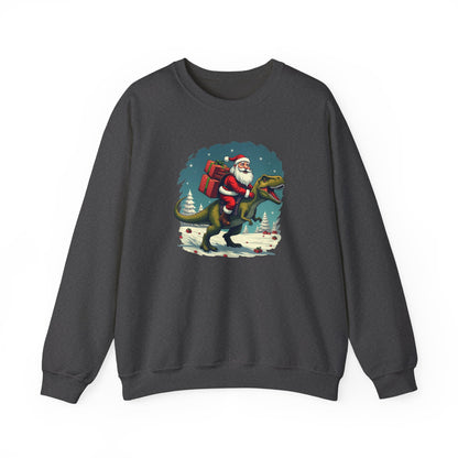 Santa Dashing through on a Dinosaur Sweatshirt — Santa Riding T-Rex Holiday Crewneck