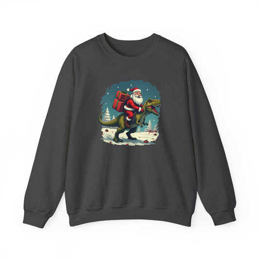 Santa Dashing through on a Dinosaur Sweatshirt — Santa Riding T-Rex Holiday Crewneck