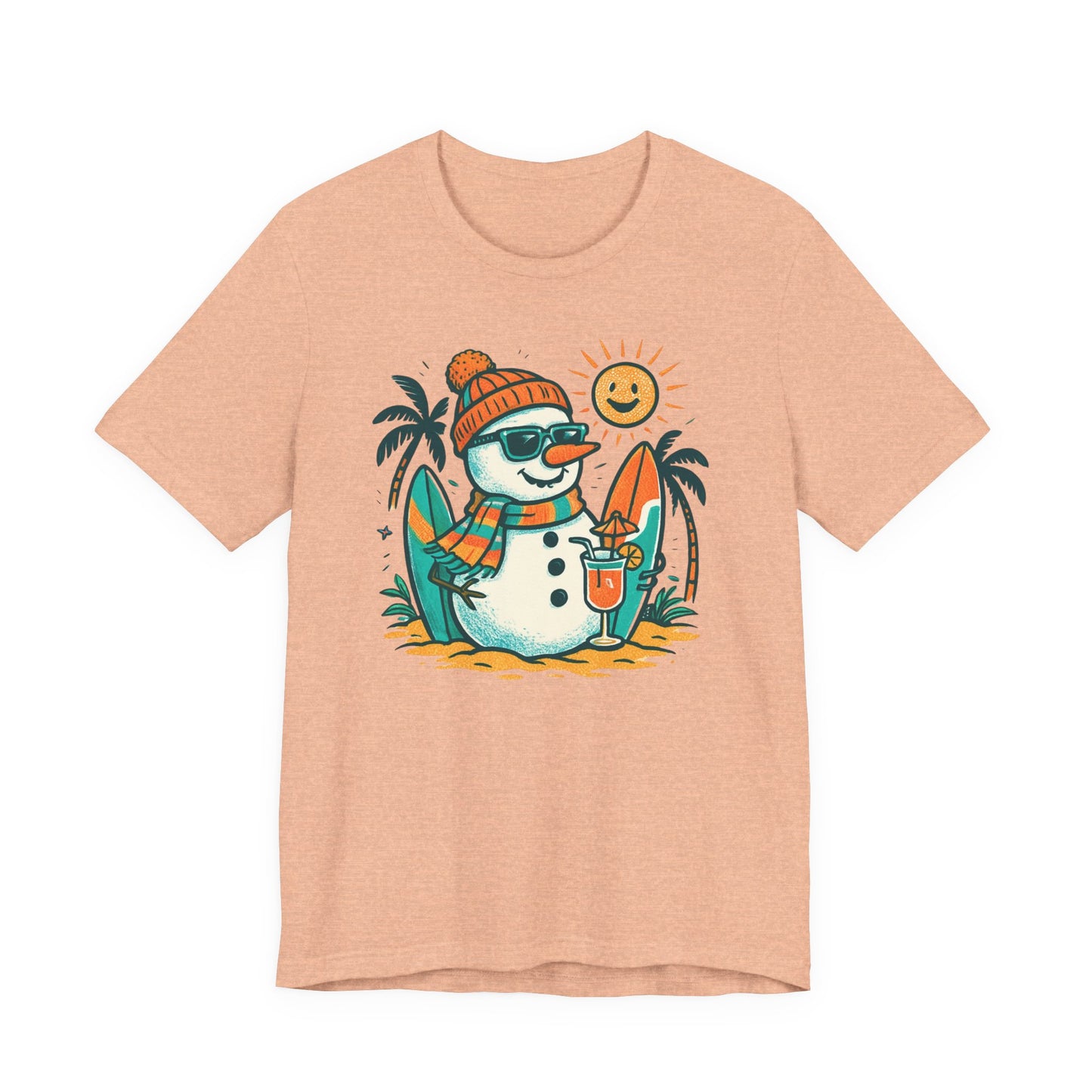 Frosty on Vacation Graphic Tee — Surfing Snowman with Drink Summer Holiday T-Shirt