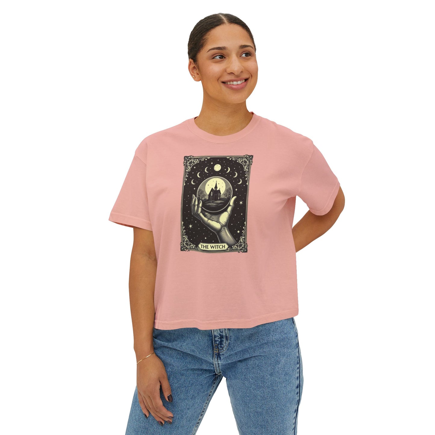 Witch Tarot Boxy Tee - Mystic Crystal Ball Graphic Women’s Crop Shirt
