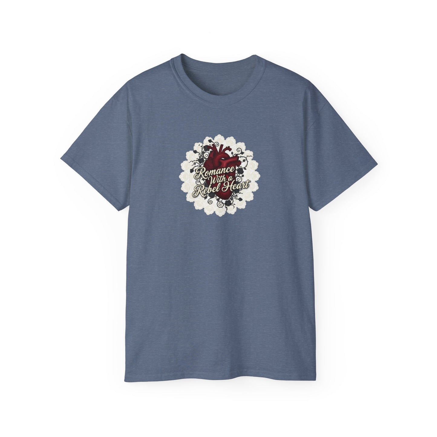 Romance with a Rebel Heart Tee — Gothic Floral Heart Graphic T-Shirt
