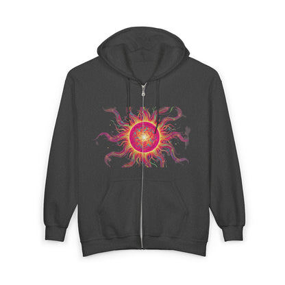 Sunburst Zip Hoodie — Vibrant Psychedelic Sun Graphic