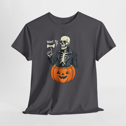 Halloween Skeleton Tee — 'Want to?' Pumpkin Jack-O'-Lantern Graphic Shirt