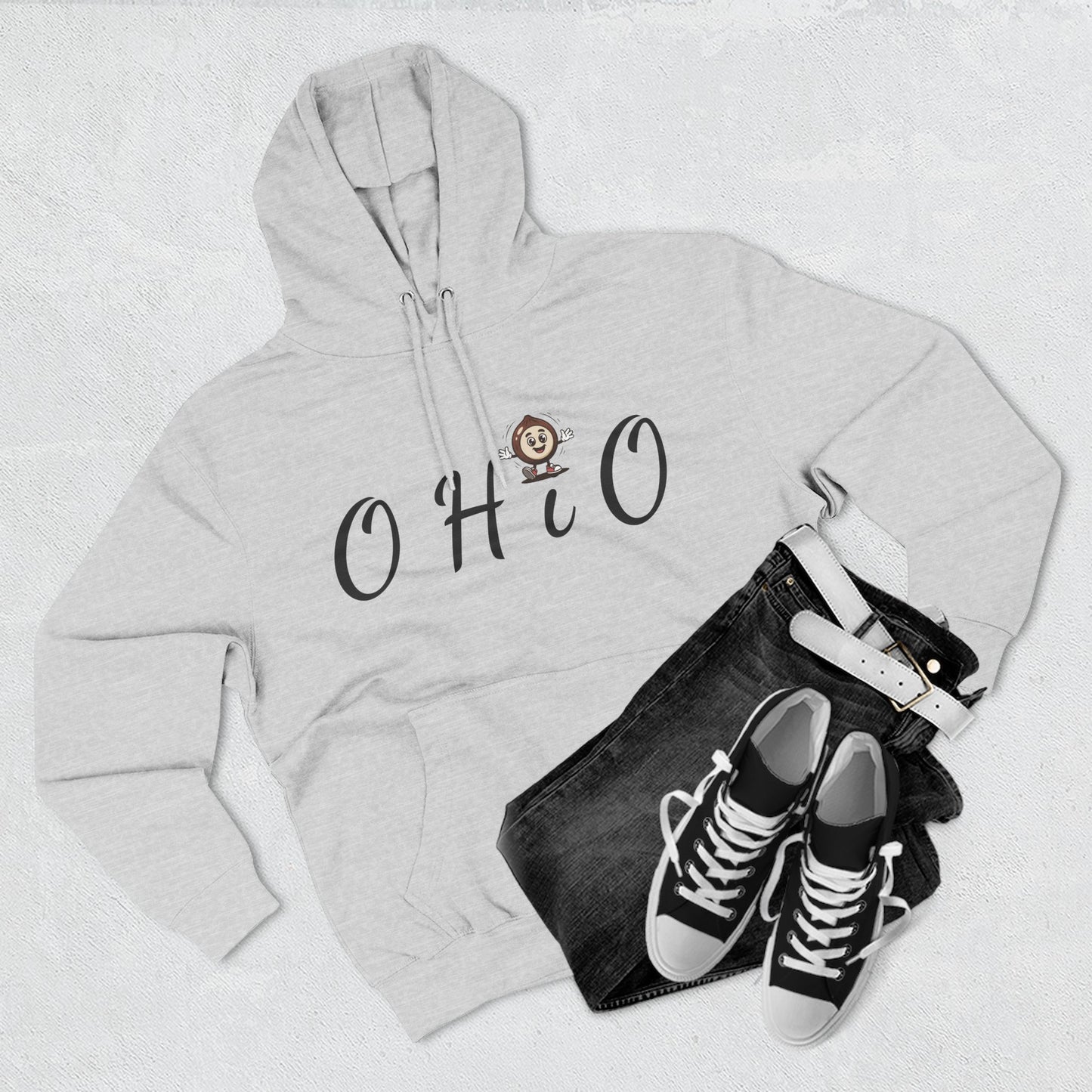 Ohio Script Hoodie with Cute Buckeye Mascot