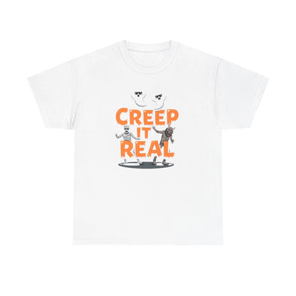 Creep It Real Unisex Heavy Cotton Tee, Halloween Shirt, Fall Apparel, Spooky Season, Ghost Theme, Unisex Casual Wear