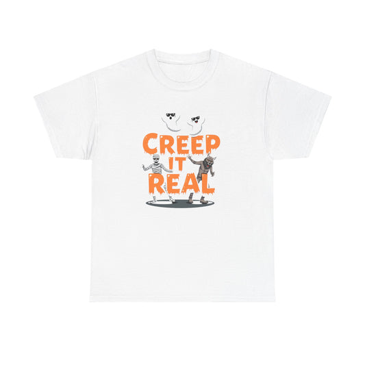 Creep It Real Unisex Heavy Cotton Tee, Halloween Shirt, Fall Apparel, Spooky Season, Ghost Theme, Unisex Casual Wear
