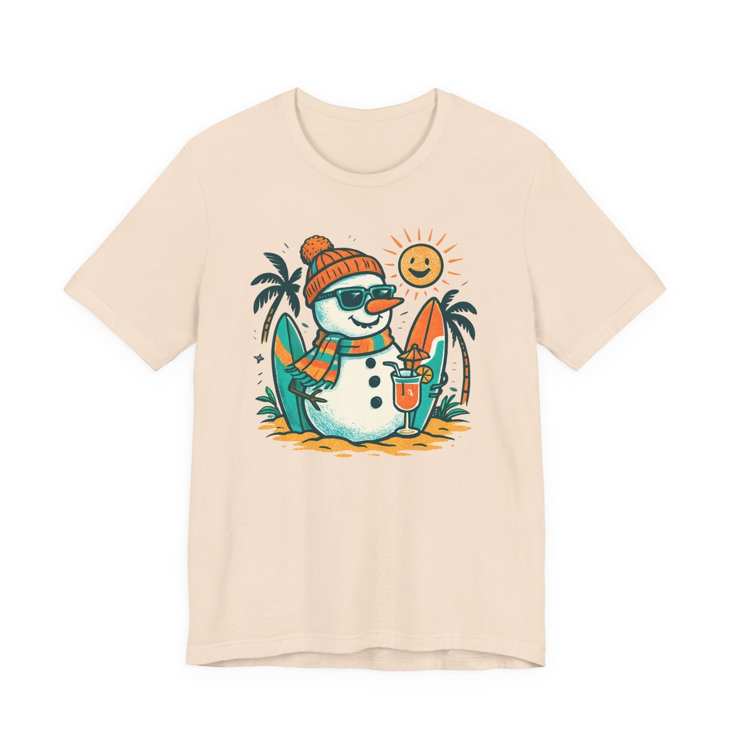 Frosty on Vacation Graphic Tee — Surfing Snowman with Drink Summer Holiday T-Shirt