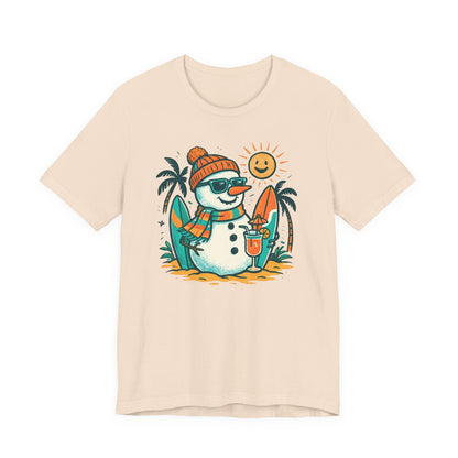 Frosty on Vacation Graphic Tee — Surfing Snowman with Drink Summer Holiday T-Shirt