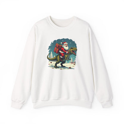 Santa Dashing through on a Dinosaur Sweatshirt — Santa Riding T-Rex Holiday Crewneck