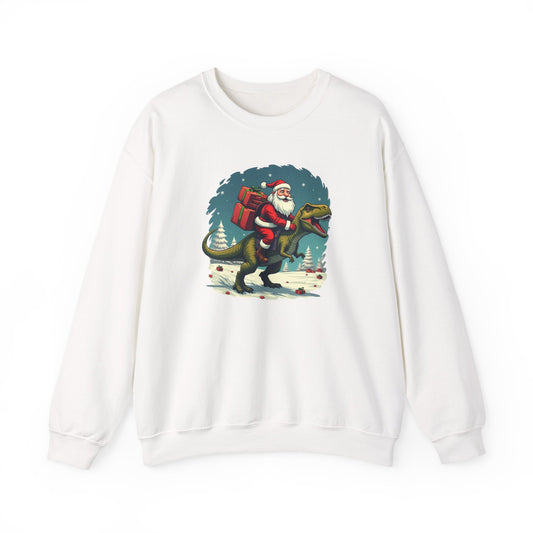 Santa Dashing through on a Dinosaur Sweatshirt — Santa Riding T-Rex Holiday Crewneck