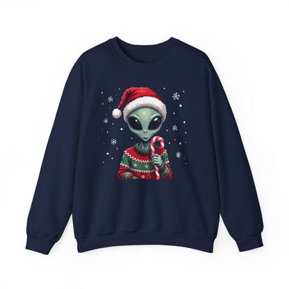 Alien Christmas Sweatshirt — Cute Santa Alien in Candy Cane Sweater