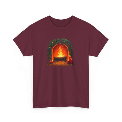 Cozy Holiday Fireplace T-Shirt — Vintage Log Fire Christmas Tee