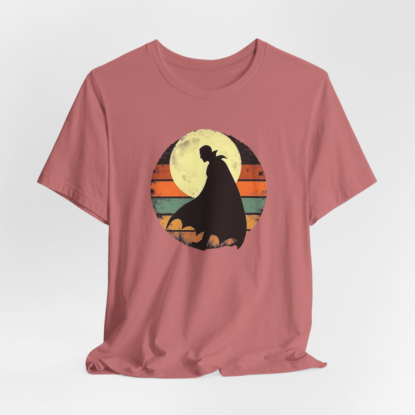 Vampire Silhouette Moon Tee — Retro Sunset Gothic Halloween T-Shirt