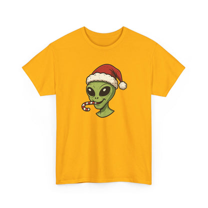 Alien Santa T-Shirt — Cute Green Alien with Santa Hat & Candy Cane Holiday Tee