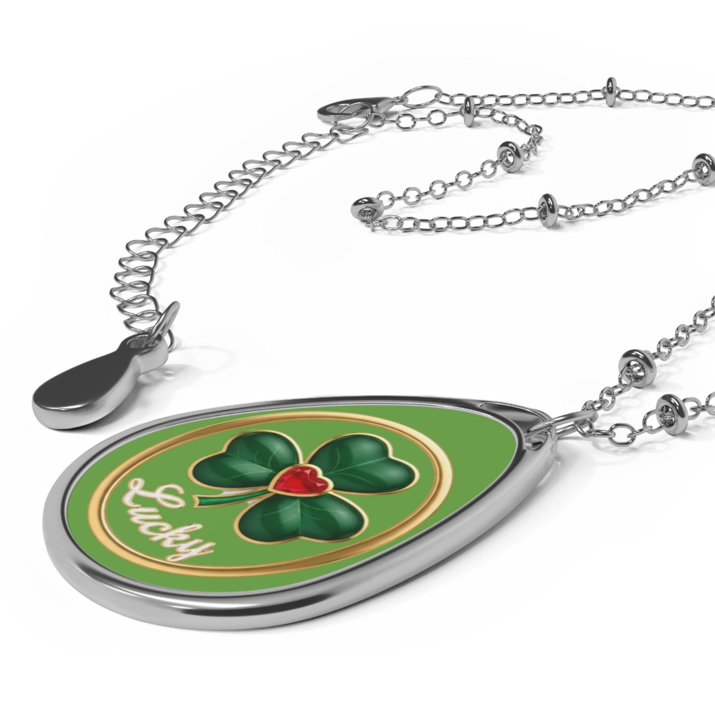 Lucky Shamrock Oval Necklace — Sterling Teardrop Pendant with Enamel Clover