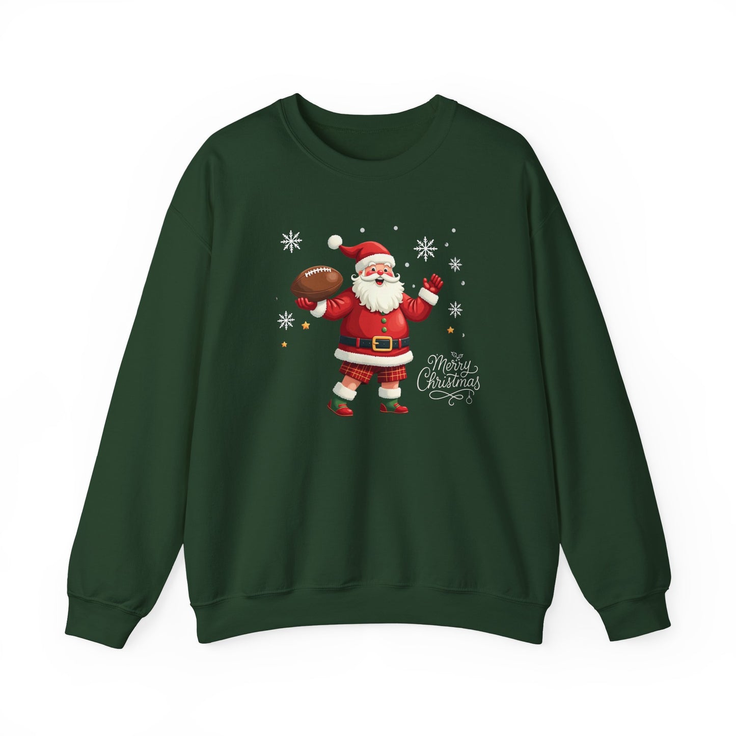 Santa Throwing Football, Christmas Sweatshirt - Jolly Santa with 'Merry Christmas' Graphic