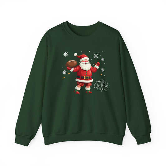 Santa Throwing Football, Christmas Sweatshirt - Jolly Santa with 'Merry Christmas' Graphic