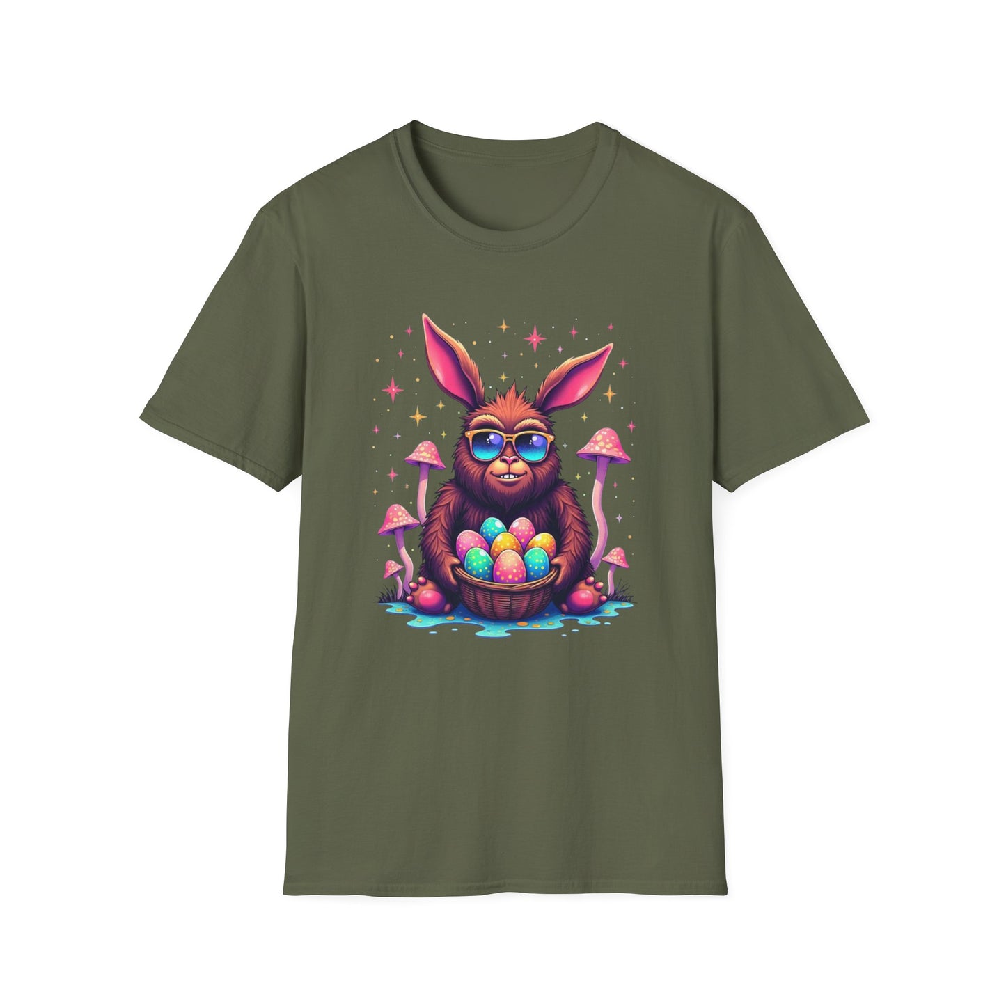 Easter Bunny Sasquatch T-Shirt — Colorful Psychedelic Bunny with Egg Basket